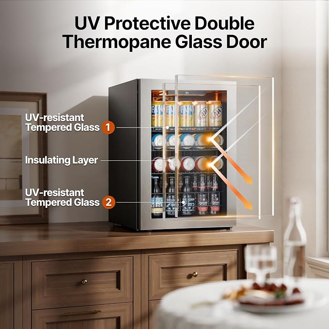 Ca'Lefort 85 Cans Mini Fridge, Beverage Refrigerator Cooler for Drink, Beer | 2.18 Cu.ft, Low-noise, Reversible Glass Door, 3-Color LED Lighting, Adjustable Shelves, 34℉ to 54℉ - Image 3