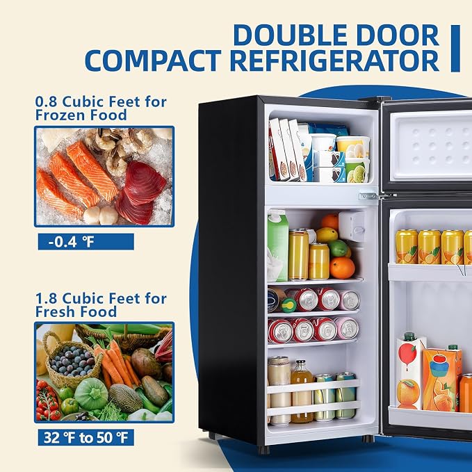 55L Capacity Silver Refrigerator with Freezer Double Door Mini Fridge Small Apartment Refrigerator with 7 Adjustable Temp Control - Image 2