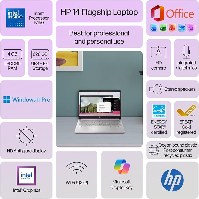 HP 14" Laptop Computer for 2026 Student Business Productivity, MS Office & Win 11 Pro, Copilot AI, Intel 4-Core CPU, 4GB DDR5 RAM, 628GB Storage (128GB UFS+500GB Ext), Wi-Fi 6, HubxcelAddon, Lavender - Image 3