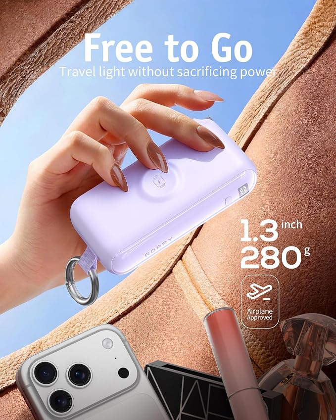 RORRY Flow Portable Charger, 10000mAh 40W Fast Charging Power Bank with Built-in USB C Cable and Foldable Wall Plug, Battery Pack Travel Essentials for iPhone 17/16/15, Apple Watch, iPad, MacBook - Image 3