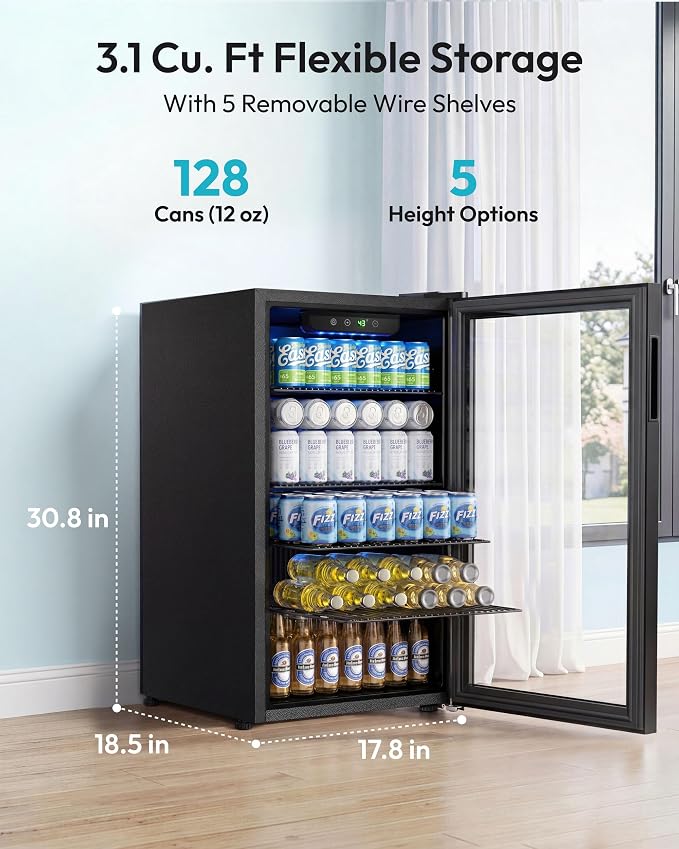 EUHOMY Beverage Refrigerator and Cooler, 128 Can Mini fridge with Glass Door, Small Refrigerator with Removable Shelves for Soda Beer or Wine, Home/Bar/Office, Black - Image 2