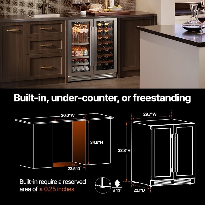 Ca'Lefort 30 Inch Wine & Beverage Refrigerator, 80 Can & 33 Bottle | 36-72°F Touch Control, Dual-Pane Glass Door, Adjustable Shelves, 3 Color LED, Built-In or Under Counter for Home Bar Kitchen - Image 6