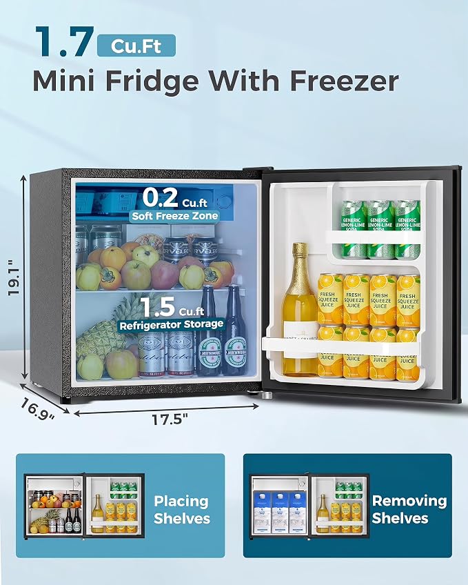 Feelfunn Mini Fridge with Freezer - 1.7 Cu.Ft Single Door Mini Refrigerator with Adjustable Thermostat, Energy Saving, Low Noise, Small Fridge for Bedroom, Office, Dorm, Apartment, Classroom - Black - Image 2