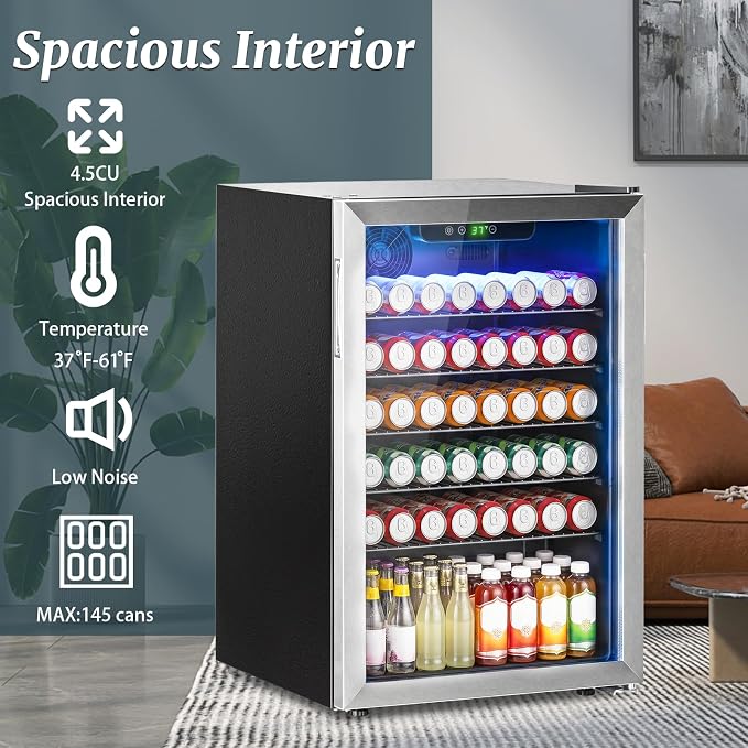 DOGHLY 145 Cans/4.5 Cu.Ft Beverage Refrigerator Glass Door Mini Fridge | Fast Cooling Mini Cooler with Adjustable Shelves for Soda, Beer, Wine, Low Noise Beverage Fridge for Home, Office,and Dorm - Image 5
