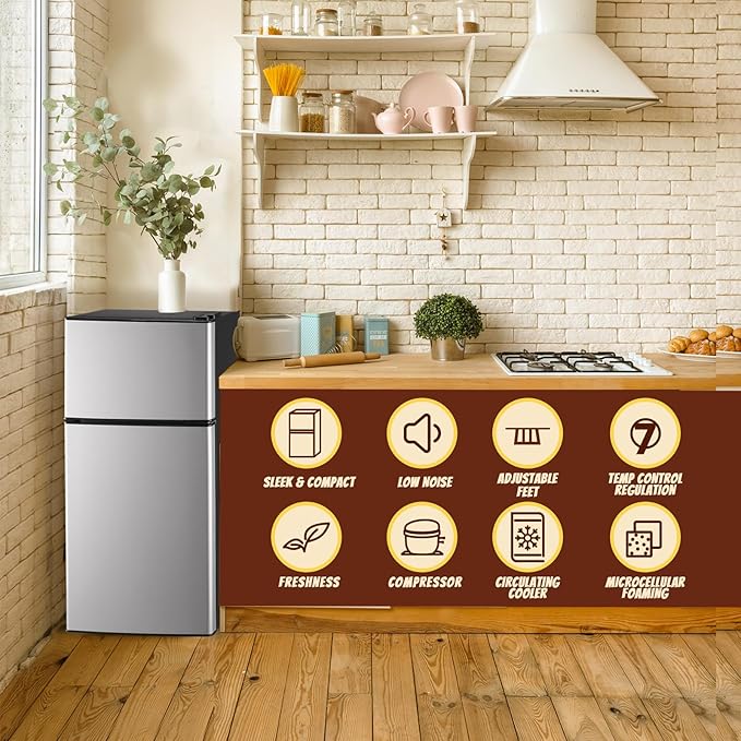 Mini Fridge 2.4 Cu.ft Mini Refrigerator with Freezer Dual Door Dorm Fridge for Personal Senven Temp Gear Suit for Apartment, Bedroom, Rv Silver - Image 3