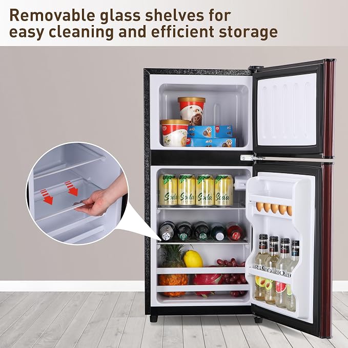 Mini Refrigerator with Freezer 3.5 Cu. Ft. Small Fridge with Freezer Wood | 2 Door Mini Fridge with 7-Level Adjustable Thermostat Removable Shelves, Compact Refrigerator for Office/Dorm/College/RV - Image 6