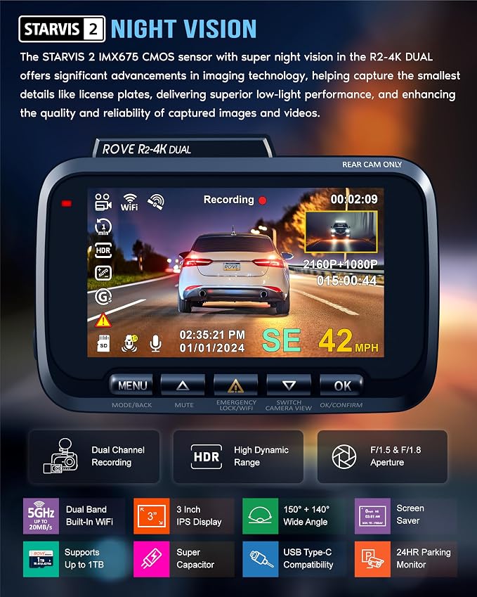 ROVE R2-4K DUAL Dash Cam Front and Rear, STARVIS 2 Sensor, FREE 128GB Card - Image 4