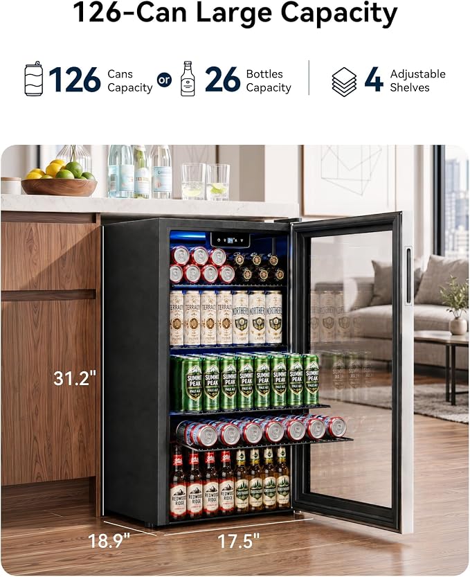 Feelfunn Beverage Refrigerator Cooler - 126 Can Mini Fridge Glass Door for Drinks Soda Beer Wine - Small Refrigerator for Office Bedroom Home Bar, 4 Adjustable Shelves, 3.2 Cu.Ft, Silver - Image 3
