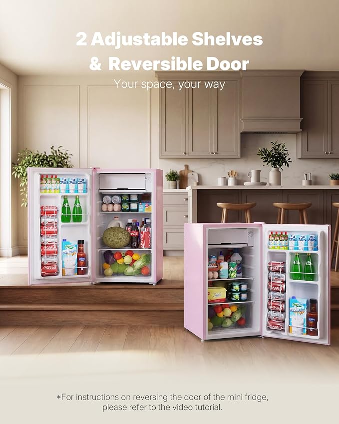 Upstreman 3.2 Cu.Ft Mini Fridge with Freezer, Pink-BR321 | Adjustable Thermostat, Energy Saving, Low Noise, Reversible Door, Small Refrigerator for Dorm, Bedroom, Office - Image 5