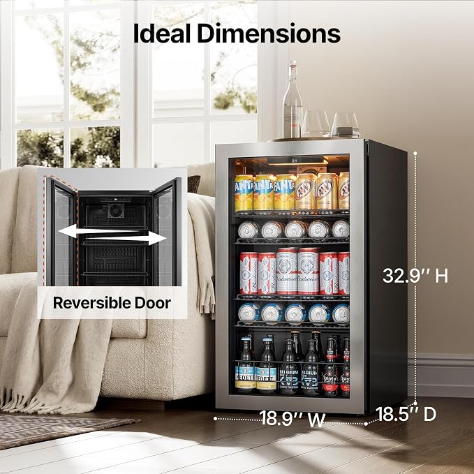Ca'Lefort 130 Cans Mini Fridge, Beverage Refrigerator Cooler for Drink/Beer | 3.35 Cu.ft, Low-noise, Reversible Glass Door, 3-Color LED Lighting, Adjustable Shelves, 34℉ to 54℉ | Home Dorm Office Kitchen - Image 6