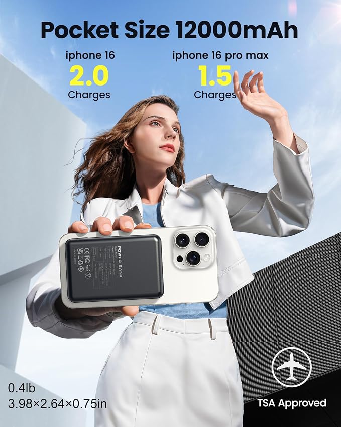 for Magsafe Battery Pack, 12000mAh Magnetic Portable Charger Power Bank PD 22.5W Fast Charging, USB C in & Out Wireless Battery Pack Phone Charger for iPhone 16/15/14/13/12 All Series - Image 3