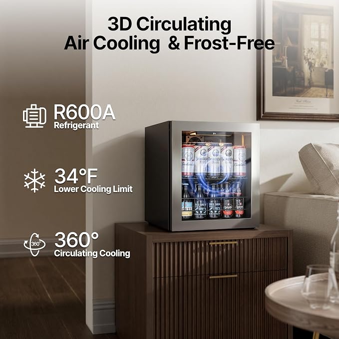 Ca'Lefort 65 Cans Mini Fridge, Beverage Refrigerator Cooler for Drink, Beer | 1.62 Cu.ft, Low-noise, Reversible Glass Door, 3-Color LED Lighting, Adjustable Shelves, 34℉ to 54℉ - Image 4