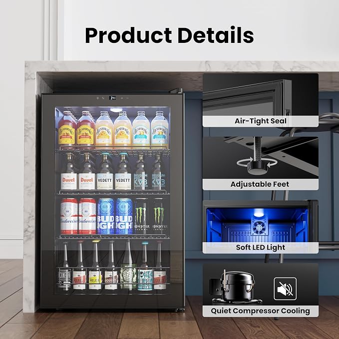 Yeego Beverage Refrigerator Drink Cooler, 155 Cans Mini Fridge | Double-pane Glass Door, for Soda Wine Beer Home Office Bar, 34°F-54°F Temperature Control, , Adjustable Shelves, Black - Image 5