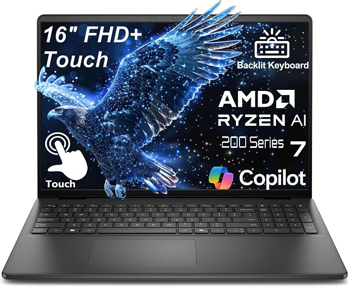Dell 16" Touchscreen Laptop 2026, AMD Ryzen 7 170, 32GB DDR5, 1TB SSD | FHD+ Display, Portable Office Professionals, Fast Charge, Backlit KB, Windows 11 Home for Business, Black by Dell