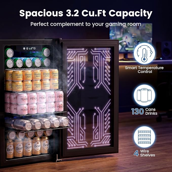 Electactic 3.2 Cu.Ft Compact Gaming Beverage Cooler | Light Up Glass Door, Digital Temp Control, Adjustable Shelves for Wine Beer Soda - Image 2