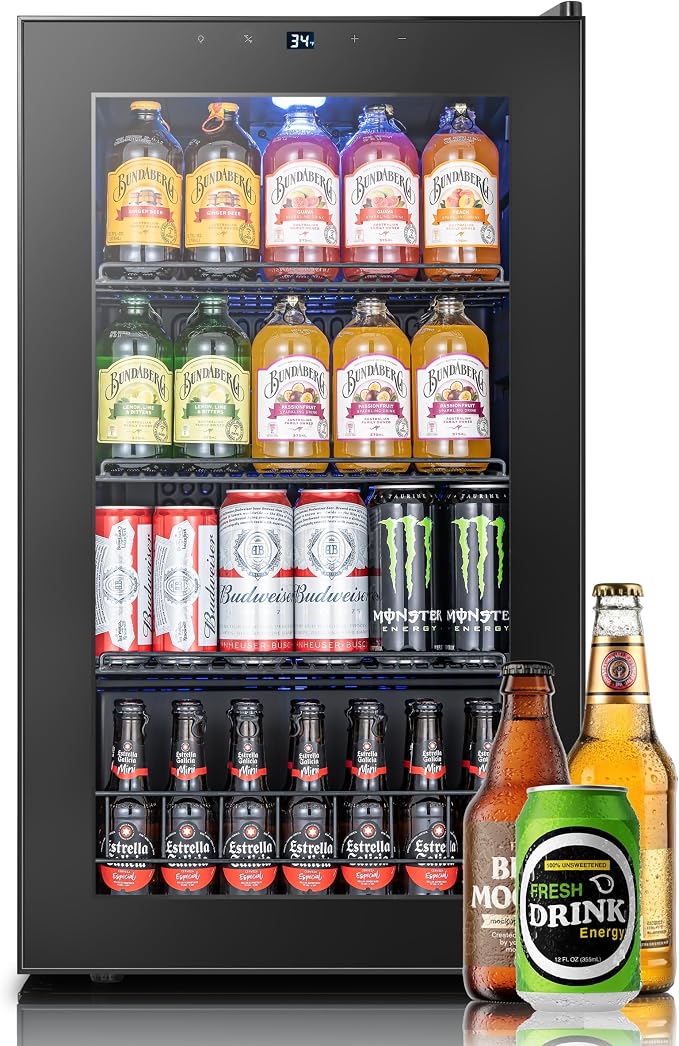 Yeego Beverage Refrigerator, 130 Can Mini Fridge with Glass Door, Adjustable Shelves, Digital Temperature Control 34°F-54°F, Drink Cooler for Soda, Beer and Wine, Freestanding or Under Counter, Black by Yeego