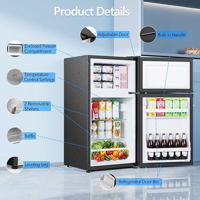 Electactic 2.5 Cu.Ft Mini Fridge with Freezer, Double-Door Compact Refrigerator, Adjustable Glass Shelves, Mechanical Thermostat & Leveling Feet, Space-Saving for Apartment/Dorm/Office, Black - Image 3