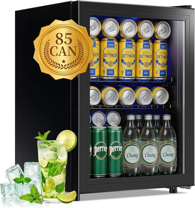 Beverage Refrigerator Cooler 2.6 Cu.Ft 85 Can Mini Small Fridge Black | Large Capacity with Glass Door, LED Light & Adjustable Shelves for Soda Beer Wine, Perfect for Home Bar Office by WANAI%C2%AE