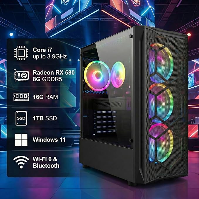 STGAubron Gaming PC Desktop,Core I7,RX 580 8G,16G RAM,1T SSD | Gaming Computer Tower for Streaming,Video Editing,Home,School,I7 up to 3.9GHz,ARGB Fan,WiFi,BT 5.0,4K DP,HDMI,Win11 Home - Image 2