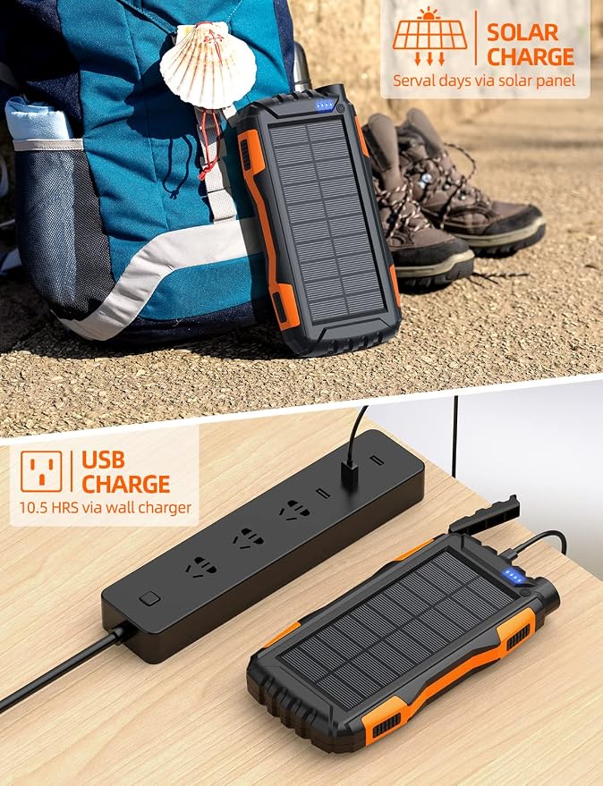 Mregb Solar Charger Power Bank 42800mAh, Portable Charger, Solar Power Bank,External Battery Pack 5V3.1A Qc 3.0 Fast Charger Built-in Super Bright Flashlight (Orange) - Image 4