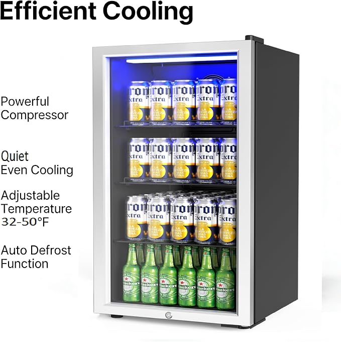 Bonnlo 130 Cans/3.3 Cu.Ft Beverage Refrigerator Cooler with Glass Door & Safety Lock, Quiet Mini Drink Fridge with Adjustable Shelf & Feet, Small Wine Cooler for Bedroom, Bar & Office, 32-50°F, 115V - Image 3