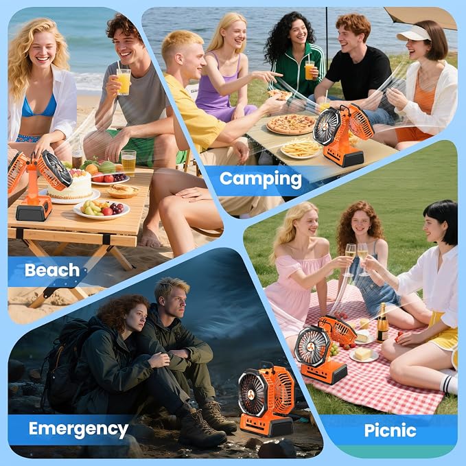 Dual Head Portable Rechargeable Fan 20000mAh Battery Powered Camping Fan Cordless with LED Lantern & Remote, Auto Oscillation, Hook, Battery Operated for Tent Office Travel Picnic Jobsite Orange - Image 7