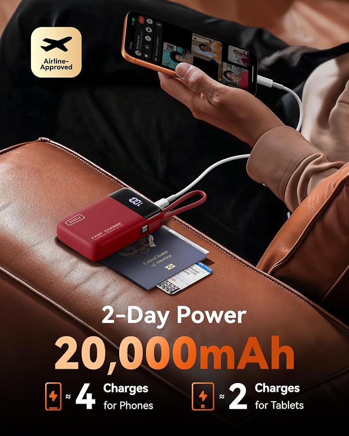 INIU 20000mAh Power Bank, Small Portable Charger, 45W PD Fast Charging Battery Pack with Build in USB-C Cable, Travel Phone Charger for iPhone 17 16 15 14 Air Samsung S25 S24 Google iPad Xiaomi, Red - Image 5