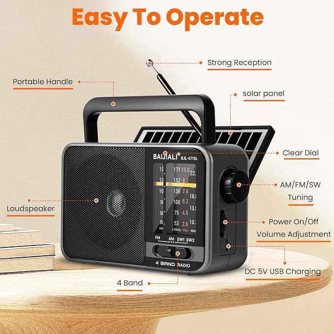 Solar-Powered Portable Radio, AM/FM/SW Radio with Loud Speaker, Built-in Rechargeable Battery and USB-C - Emergency Radio for Outdoor, Camping, Travel, Storms and Power Outages (Model BJL-671-Solar) - Image 4