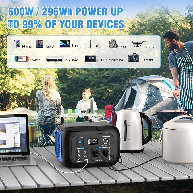 Portable Power Station 600W Power Bank 296Wh Solar Generator Lithium Battery Portable Generator Fast Charging with LED Light Battery Pack 9 Outputs Power Supply for Home Camping Emergency Backup - Image 6
