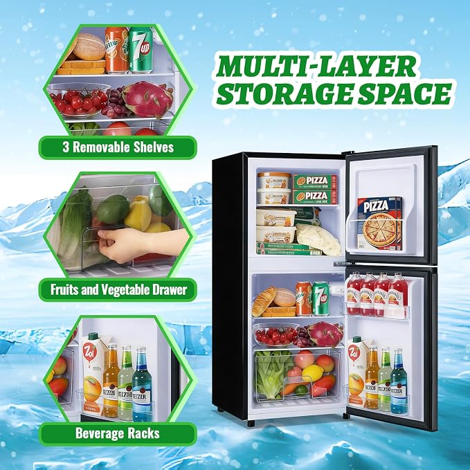 DEMULELR 3.9Cu.ft Small Refrigerator with Freezer Two Door Fridge with Crisper Drawer & Extra Drink Space, LED Light, Small Fridge for Dorm Office Home 17.5"D x 17.7"W x 40"H，Black - Image 7