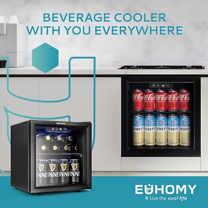 EUHOMY 12 Bottle 48 Can Mini Fridge Cooler, 1.3 Cu.Ft Beverage Refrigerator Glass Door for Beer Soda Wines,Small Refrigerator with Adjustable Shelves and LED Light for Office, Home, Dorm, Bar - Image 7