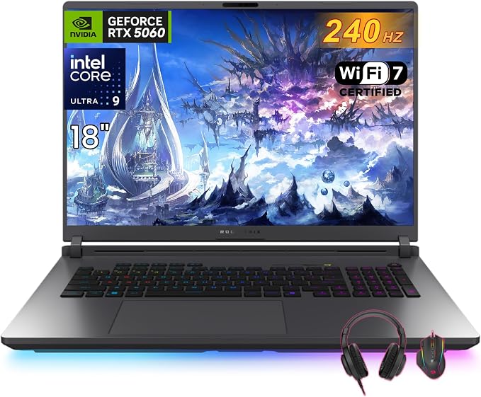 ASUS ROG Strix G18 Gaming Laptop RTX 5060, 32GB DDR5, 2TB SSD, Wi-Fi 7 | Intel Ultra 9 275HX(32MB Cache), 18” 2.5K 240Hz Display, Win 11 Pro, Backlit KB, BT 5.4, Headset and Mouse Set by Unknown