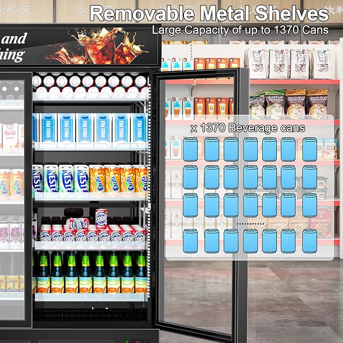 Commercial 2 Glass Door Display Beverage Refrigerator 1370 Can Black | Fast cool, self-closing door, ad board, LED light, for store/office - Image 4