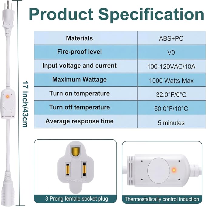 Feekoon 1 Pack Thermostat Controlled Extension Cord, Auto On at 32°F/Off at 50°F - Image 3
