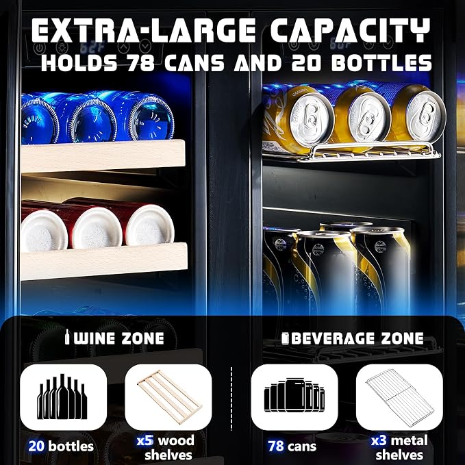 Albott 24 Inch Dual Zone Beverage Refrigerator, Glass Door Wine Cooler | Freestanding/Under Counter Wine and Beer Fridge, Holds 20 Bottles & 78 Cans, Ideal for Kitchen, Bar, Office, 34-64℉ & 41-68℉ - Image 3