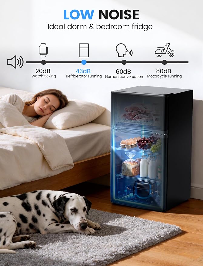 COWSAR 3.2 Cu.Ft Mini Fridge with Freezer for Bedroom Office, Black | Single Reversible Door, 7 Temperature Settings, Energy Saving, 2 Removable Shelves, Compact Small Fridge for Apartment Dorm - Image 4