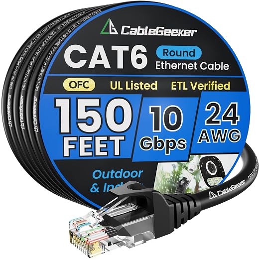 Cat 6 Ethernet Cable 150 ft, Indoor&Outdoor, High Speed 10Gbps 24AWG Pure by CableGeeker