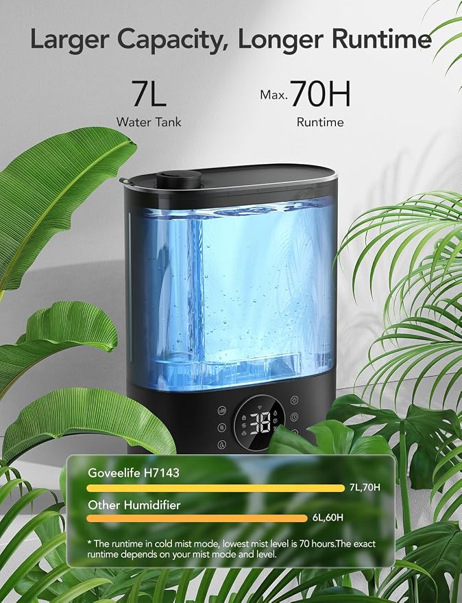 GoveeLife 7L Humidifiers for Bedroom, Smart Top-Fill Cool & Warm Mist Humidifier Large Room, Auto Mode, 70H Quiet Runtime for Baby Plants Nursery, App & Voice Control, RGB Nightlight, Humidity Sensor - Image 7