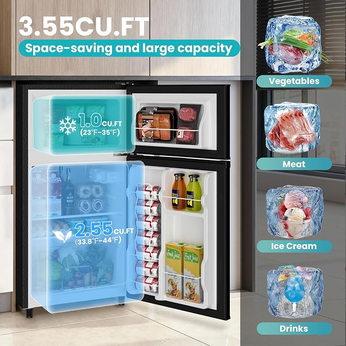 3.55 Cu.Ft Mini Fridge Freezer for Dorm/Office, 2-Door, Quiet | 3.55 cu ft mini fridge with separate freezer, quiet 38dB for sleep, 7-level thermostat, adj shelves, for dorm/office/kitchen. - Image 3