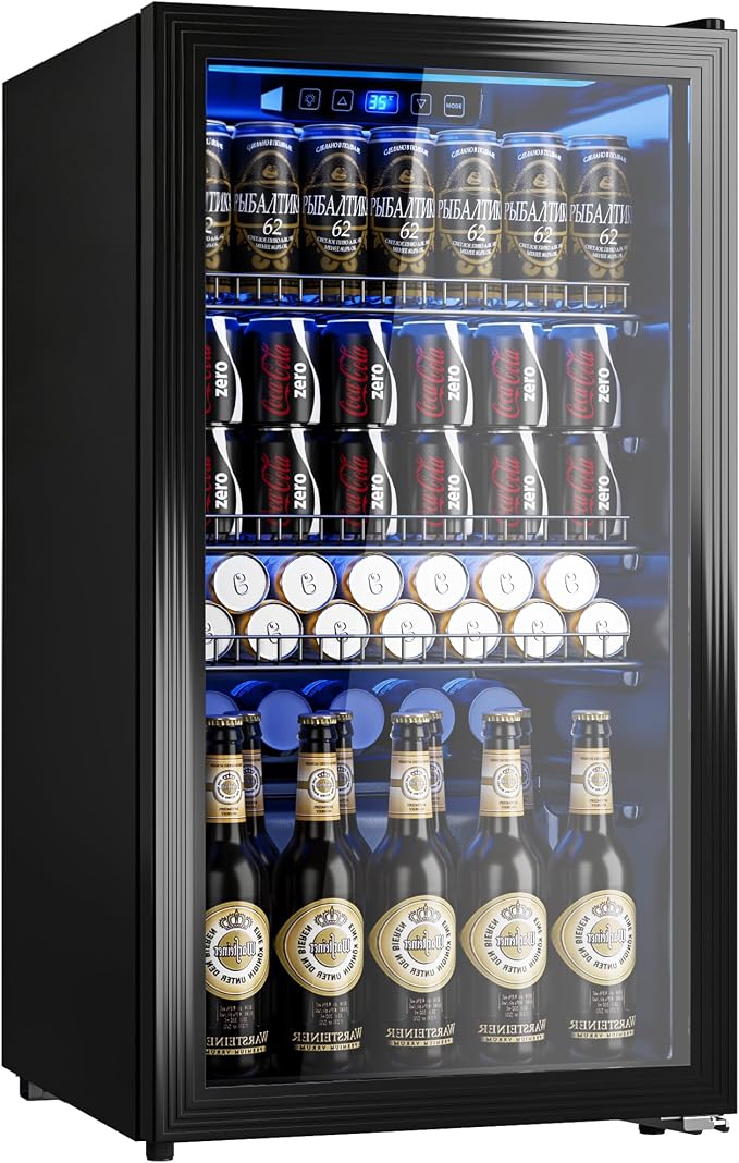 130 Can Beverage Refrigerator, 3.2 Cu.Ft Mini Fridge Beverage Cooler | Glass Door, 35–65°F Digital Temperature Display, Adjustable Shelves, Beverage Fridge for Soda, Beer & Wine by Manastin