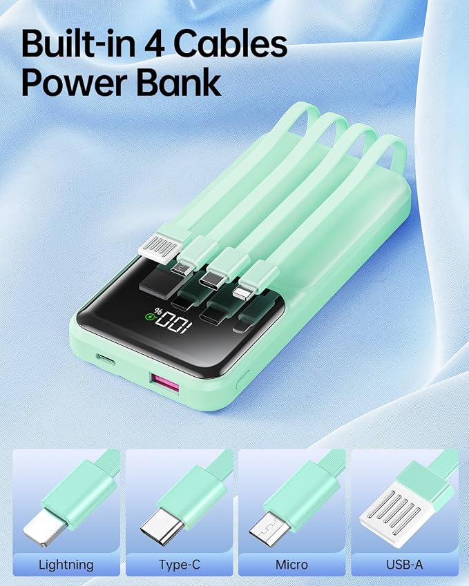 RONEGN Portable Charger with Built in Cable - Power Bank Fast Charging USB C LED Display 10000mah Battery Pack 5 Outputs & 3 Inputs for Travel Essentials iPhone Samsung Android Phones Tablets Cyan - Image 2