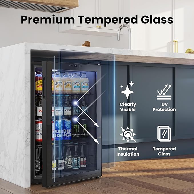 Yeego Beverage Refrigerator Drink Cooler, 155 Cans Mini Fridge | Double-pane Glass Door, for Soda Wine Beer Home Office Bar, 34°F-54°F Temperature Control, , Adjustable Shelves, Black - Image 4