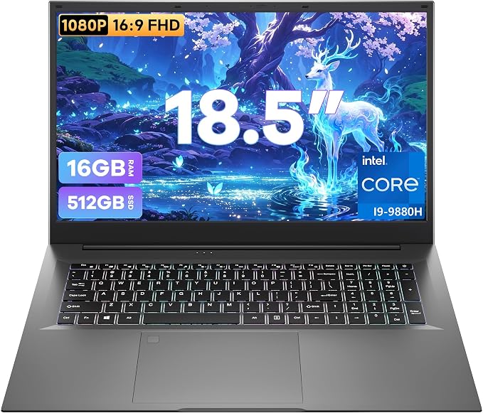 18.5 Inch Laptops, Core i9 CPU (Up to 4.8 GHz), 16GB RAM, 512GB SSD, WiFi-6 | 100% sRGB FHD Display, Win 11 Home, Backlit Keyboard, Numeric Pad Fingerprint Login, Laptop Computer for Business Students by Unknown