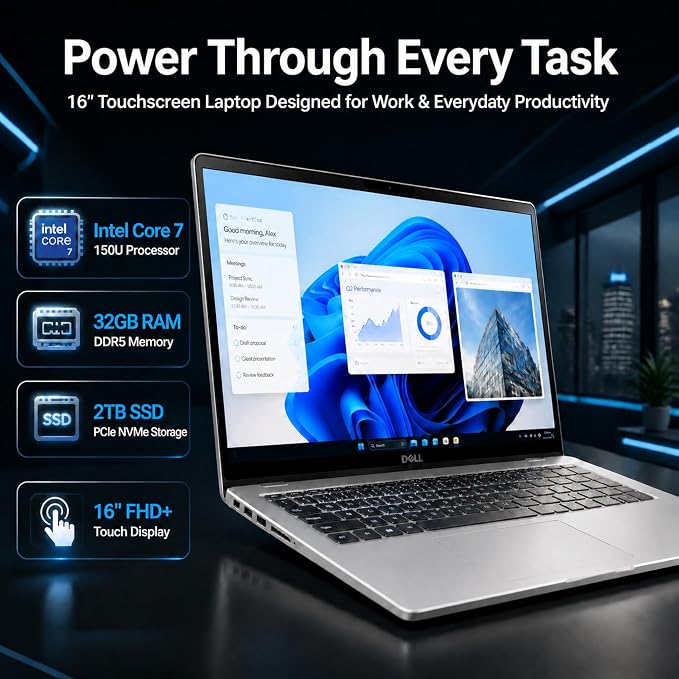 Dell 16 DC16251 Touchscreen Laptop, Intel 10-Core Core 7 150U (Up to 5.4 GHz), 16" FHD+ IPS 300 Nits Display, 32 GB DDR5 RAM, 2 TB SSD, Copilot AI, Fingerprint, Backlit KB, Wi-Fi 6E, Windows 11 Pro - Image 2