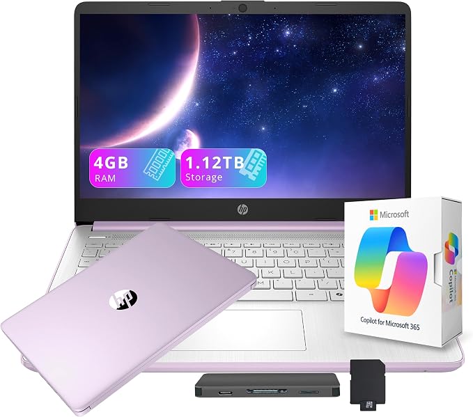 HP Stream 14" HD Laptop with AI Copilot for Student & Business, Intel Processor N150, 4GB RAM, 1.12TB Storage (128GB UFS + 1TB Docking Station), 1 Year Office 365, Wi-Fi 6, Win 11, Lavender Purple by Unknown