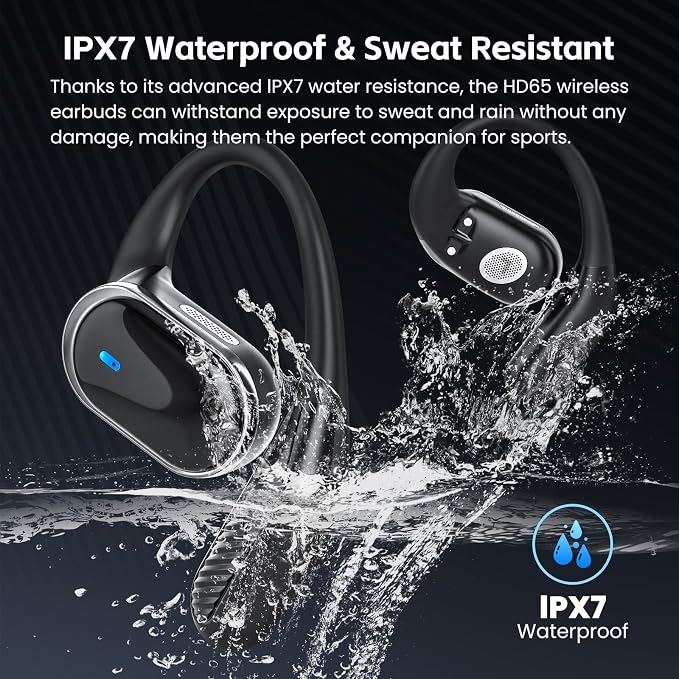 Open Ear Wireless Earbuds Bluetooth Headphones, 80H Playtime Stereo Ear Buds with ENC Noise Cancelling, Fast Charging, IPX7 Waterproof Sports Earphones with Earhook for Running/Workouts (Black) - Image 7