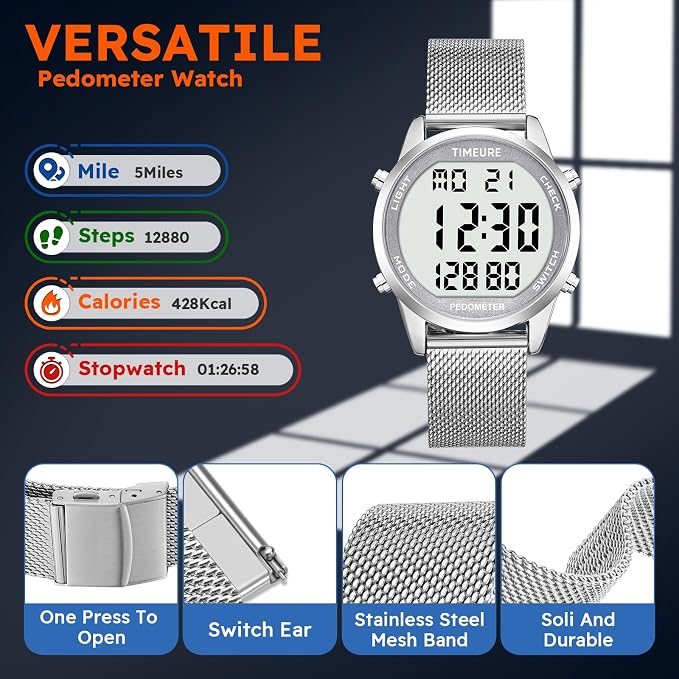 Men's Pedometer Watch with Stainless Steel Bracelet, Step Counter Watch No App - Image 3
