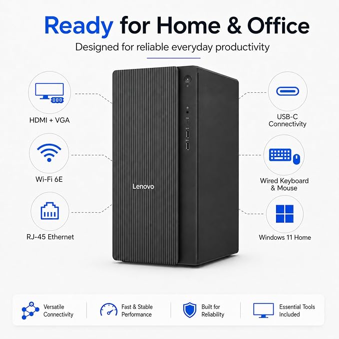 Lenovo IdeaCentre Next Gen AI Tower Business Desktop Computer, 20-Core Intel Ultra 7 265K, 32GB DDR5, 1TB SSD, HDMI + VGA, Wi-Fi, RJ-45, USB-C, Wired Keyboard & Mouse, Windows 11 - Image 5