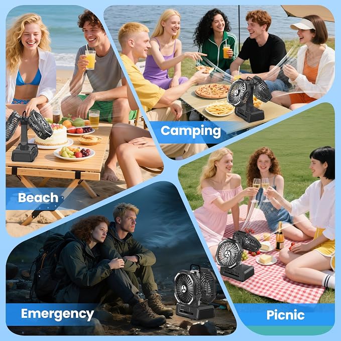 Dual Head Portable Rechargeable Fan 20000mAh Battery Powered Fan Camping Cordless with 360° Air Delivery, LED Lantern & Remote, Auto Oscillation, Battery Operated for Tent Office Travel Picnic Jobsite - Image 7