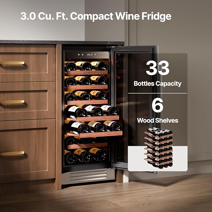 Ca'Lefort 15 Inch Wine Fridge, 33 Bottles Under Counter Wine Cooler | 40-65°F Touch Control, Dual-Pane Glass Door, Adjustable Shelves, 3 Color LED, Built-In or Under Counter for Home Bar Kitchen - Image 2